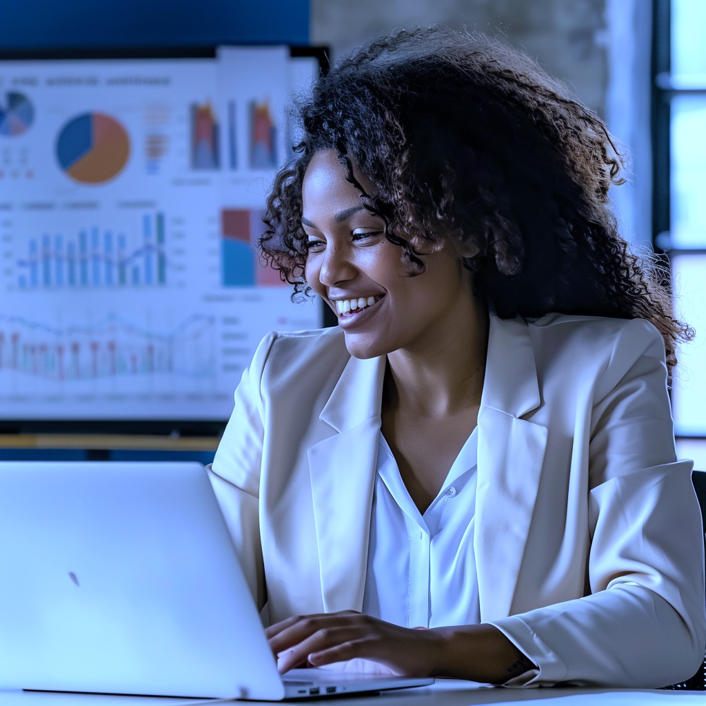 Women laugh behind monitor
